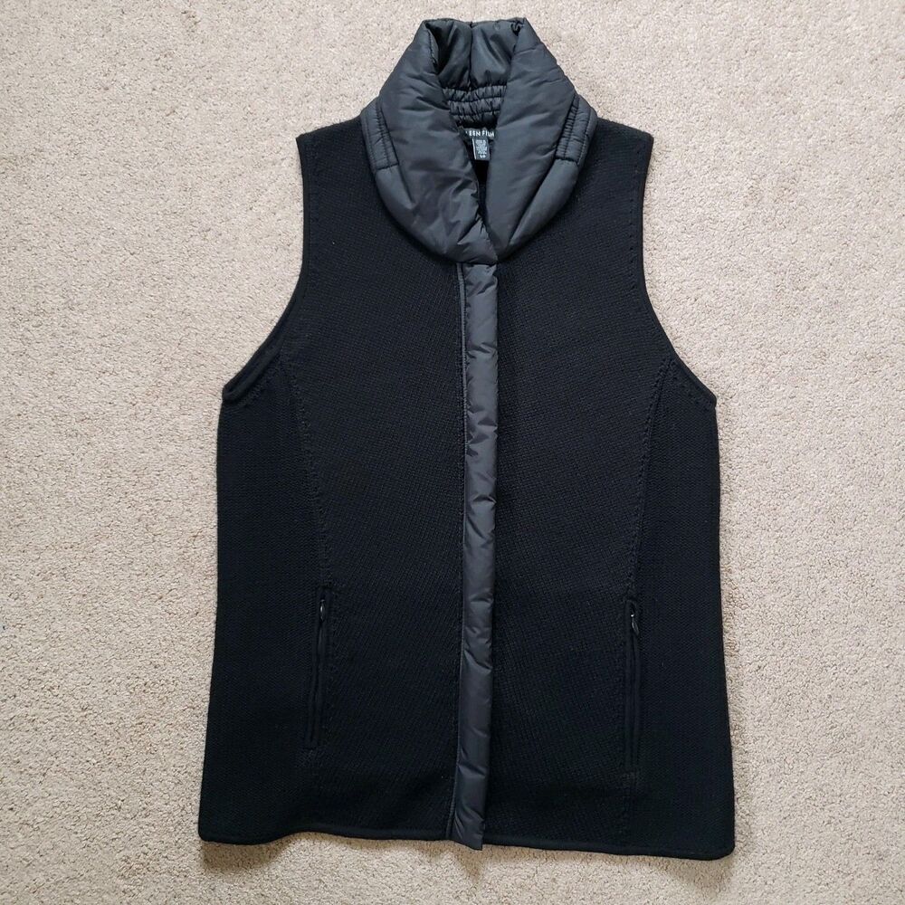 Eileen Fisher Merino Wool Knit Vest Puffer Trim Neck Full Zip Pockets Black SP